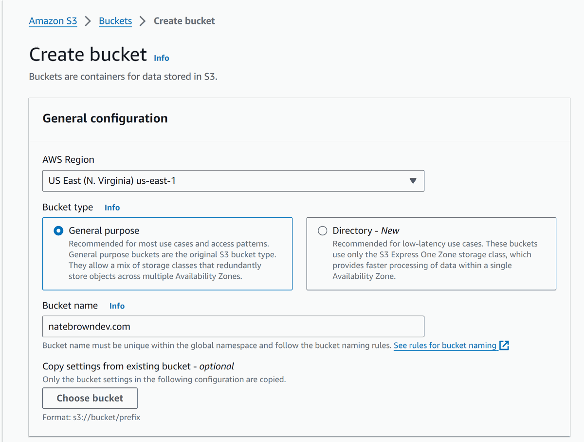 picture of the S3 create bucket view within AWS